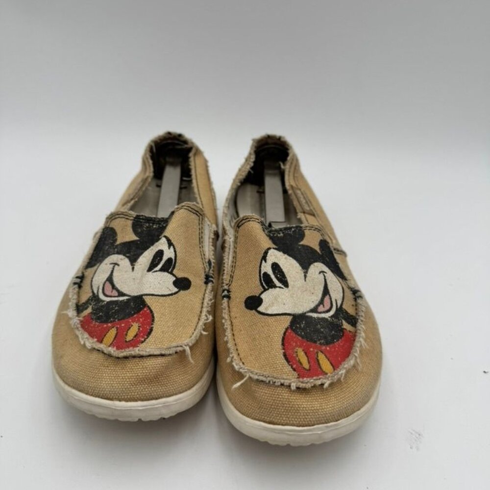 Crocs Shoes Womens W9 Tan Canvas Mickey Mouse Slip On Loafer Frayed Distressed
